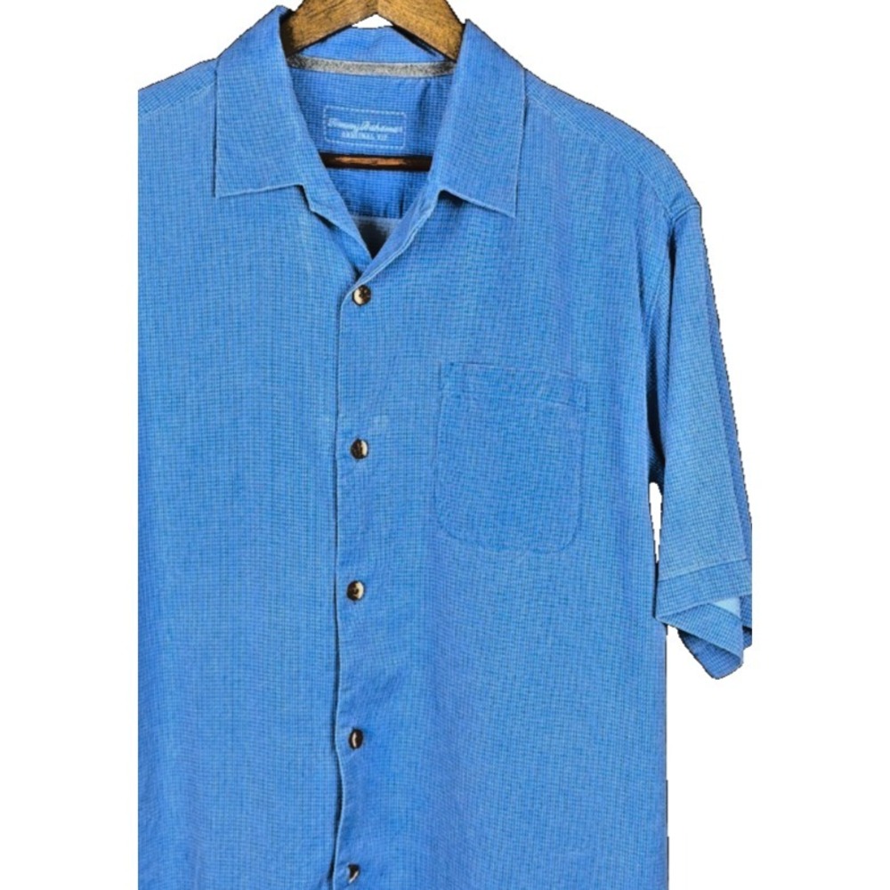 Tommy Bahama San Clemente Silk Camp Shirt L Blue Textured Short Sleeve Button
